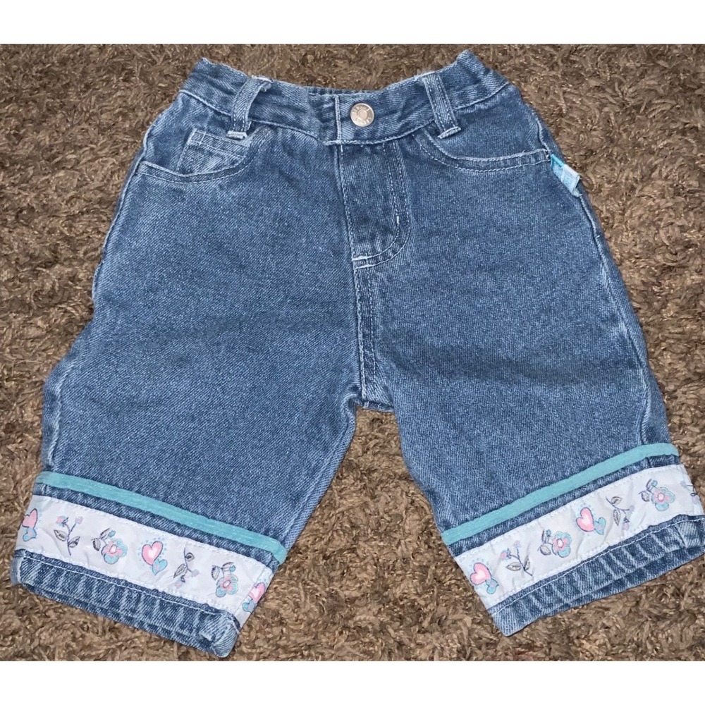 Sesame Street Baby Blue Denim Pants Floral Heart Trim 0-3M Elastic Waist